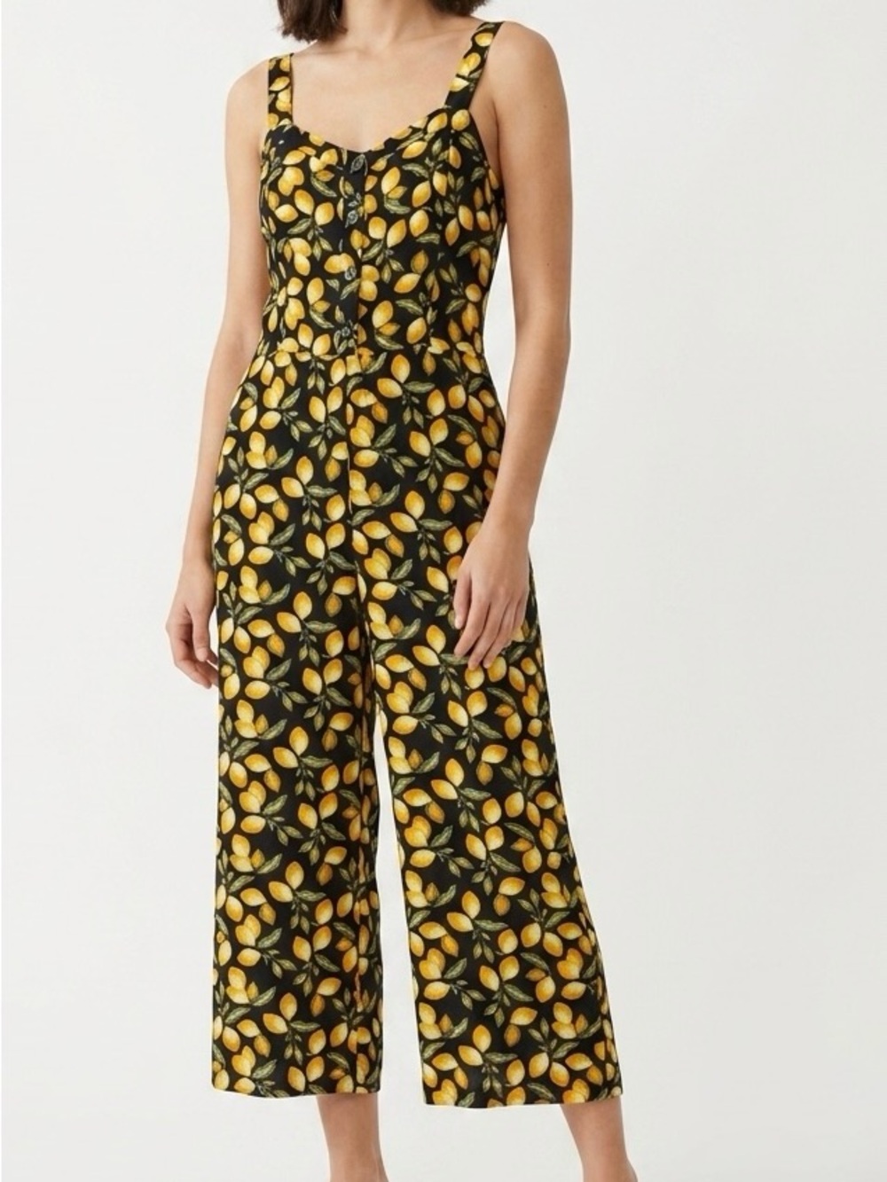 LOFT Outlet Lemon Print Wide Leg Jumpsuit MP Black Yellow Fruit Smocked Summer